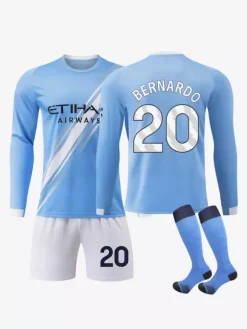 Maillot de football domicile bleu à manches longues 3 pièces 25/26 n° 9 Haaland n° 47 Foden
