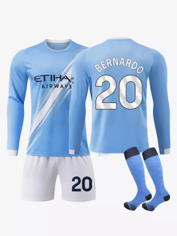 Maillot de football domicile bleu à manches longues 3 pièces 25/26 n° 9 Haaland n° 47 Foden