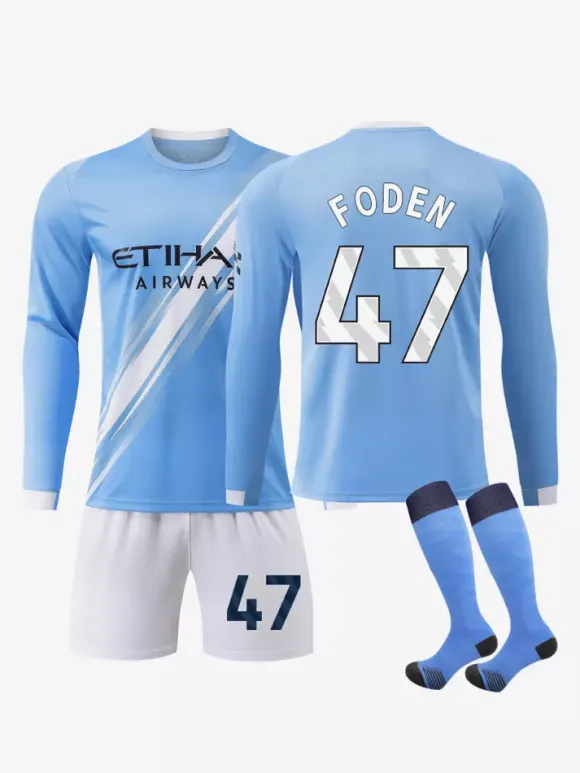 Maillot de football domicile bleu à manches longues 3 pièces 25/26 n° 9 Haaland n° 47 Foden