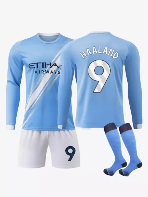 Maillot de football domicile bleu à manches longues 3 pièces 25/26 n° 9 Haaland n° 47 Foden