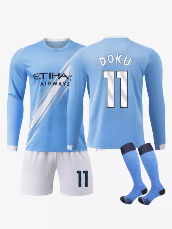 Maillot de football domicile bleu à manches longues 3 pièces 25/26 n° 9 Haaland n° 47 Foden
