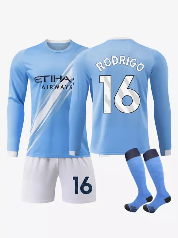 Maillot de football domicile bleu à manches longues 3 pièces 25/26 n° 9 Haaland n° 47 Foden