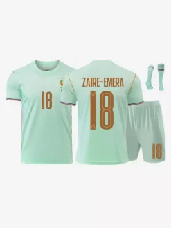 Maillot de football extérieur de l'équipe de France 2026 manches courtes ensemble 3 pièces pour adultes et enfants : n° 12 Barcola n° 17 Saliba n° 18 Zaïre-Emery