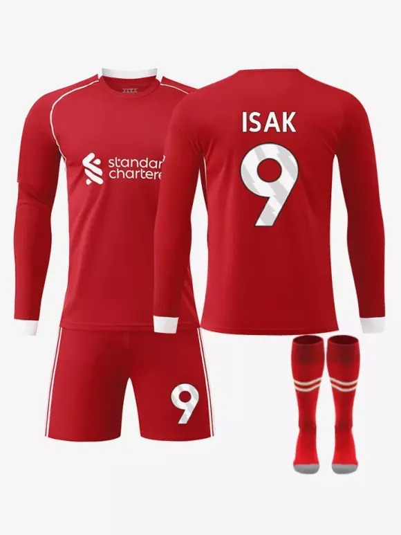 Maillot de football à manches longues rouge domicile 25/26 n° 7 Wirtz n° 9 Isak n° 11 Salah ensemble 3 pièces