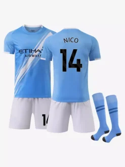 Maillot de football 25/26 n° 10 CHERKI n° 14 NICO manches courtes bleu et blanc ensemble 3 pièces