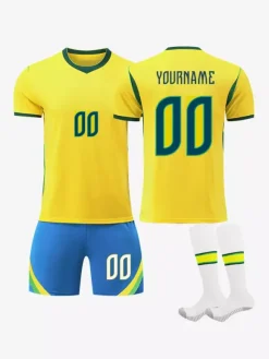 Maillot domicile Brésil 2026 personnalisé jaune à manches courtes kit de football 3 pièces