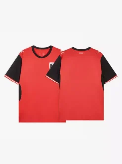 Maillot domicile de l'équipe nationale autrichienne 2026 manches courtes rouge et noir.