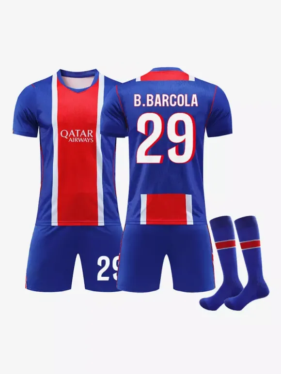 Maillot domicile du PSG pour la saison 26/27 du Championnat de France Doué 14 et Dembélé 10. Ensemble 3 pièces manches courtes pour adultes et enfants.