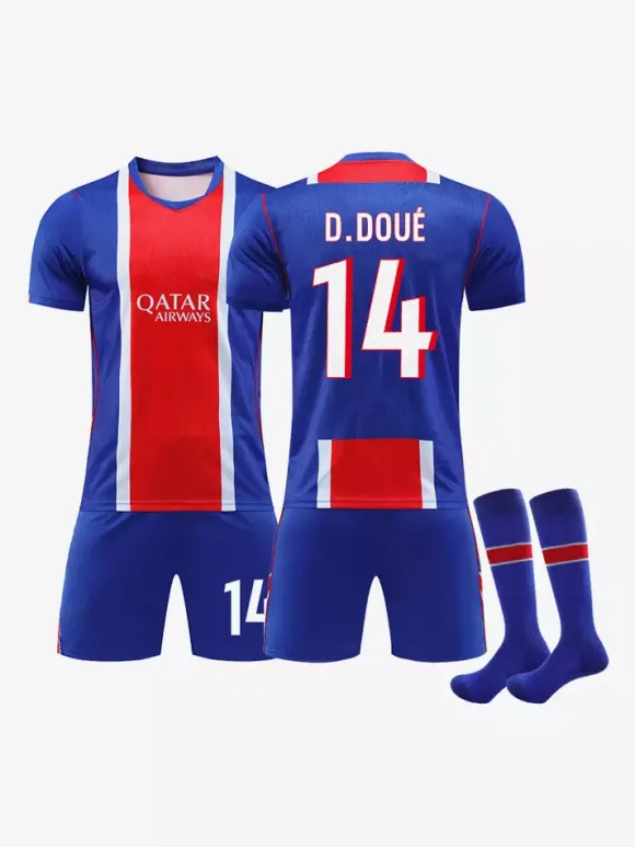 Maillot domicile du PSG pour la saison 26/27 du Championnat de France Doué 14 et Dembélé 10. Ensemble 3 pièces manches courtes pour adultes et enfants.