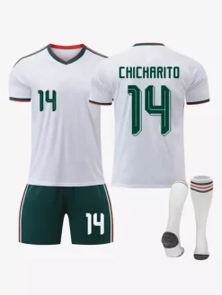 Maillot extérieur 3 pièces de l'équipe nationale de football du Mexique année 2026 pour adultes et enfants : Raul (n° 11) et Jimenez (n° 22).