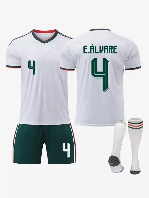 Maillot extérieur 3 pièces de l'équipe nationale de football du Mexique année 2026 pour adultes et enfants : Raul (n° 11) et Jimenez (n° 22).