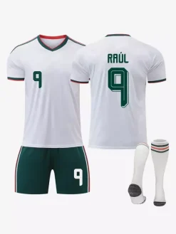 Maillot extérieur 3 pièces de l'équipe nationale de football du Mexique année 2026 pour adultes et enfants : Raul (n° 11) et Jimenez (n° 22).