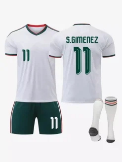 Maillot extérieur 3 pièces de l'équipe nationale de football du Mexique année 2026 pour adultes et enfants : Raul (n° 11) et Jimenez (n° 22).