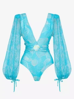 Maillots de bain bleus chics à lacets col en V manches longues bouffantes