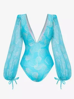Maillots de bain bleus chics à lacets col en V manches longues bouffantes