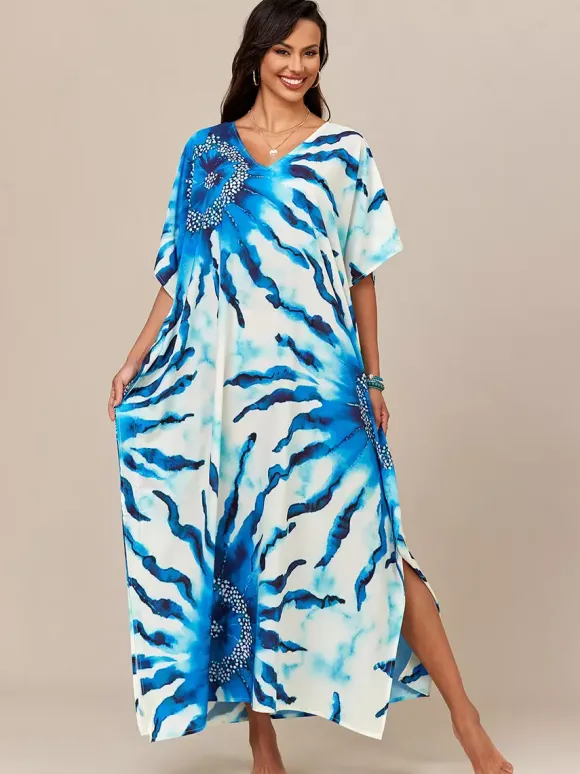 Maillots de bain de plage oversize à manches courtes et col en V style athlétique bleu foncé