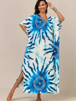 Maillots de bain de plage oversize à manches courtes et col en V style athlétique bleu foncé