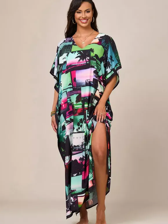 Maillots de bain de plage oversize à manches courtes et col en V style athlétique bleu foncé