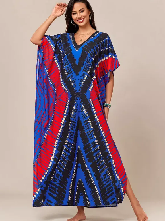 Maillots de bain de plage oversize à manches courtes et col en V style athlétique bleu foncé