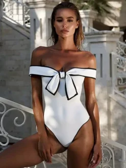 Maillots de bain paréos vêtements pour femmes ensemble maillot de bain blanc chic à n艙uds épaules dénudées sans manches