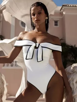 Maillots de bain paréos vêtements pour femmes ensemble maillot de bain blanc chic à n艙uds épaules dénudées sans manches