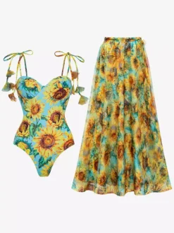 Maillots de bain paréos vêtements pour femmes ensemble maillot de bain jaune à imprimé floral rétro bretelles décolleté
