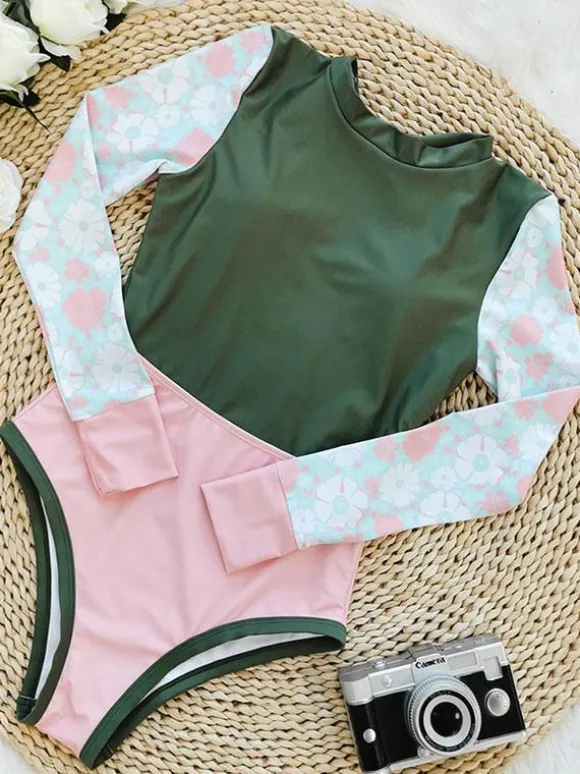 Maillots De Bain Une Pièce Pour Femmes Vert Imprimé Fleuri À Lacets Col Rond Dos Nu Été Sexy Manches Longues
