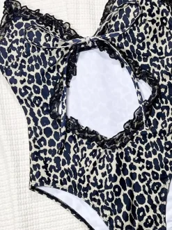 Maillots de bain une pièce pour femmes imprimé léopard bretelles découpées décolleté maillots de bain sexy d'été