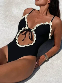 Maillots de bain une pièce pour femmes imprimé léopard bretelles découpées décolleté maillots de bain sexy d'été