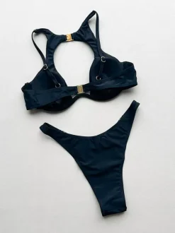 Maillots de bain deux pièces pour femmes détails métalliques noirs taille naturelle maillots de bain d'été sexy