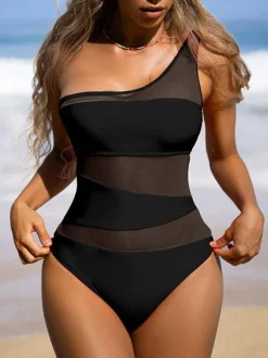 Maillots De Bain Une Pièce Orange Passepoil Une Épaule Nue Été Sexy Maillots De Bain