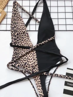 Maillots De Bain Une Pièce Pour Femmes Café Marron Imprimé Léopard Volants Col En V Dos Nu Été Plage
