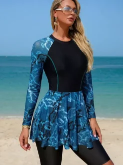 Maillots de bain une pièce pour femmes bleu marine foncé imprimé col rond maillots de bain d'été sexy