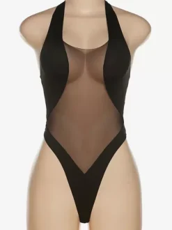 Maillots De Bain Une Pièce Pour Femmes Noir Col En U Transparent Découpé Sexy