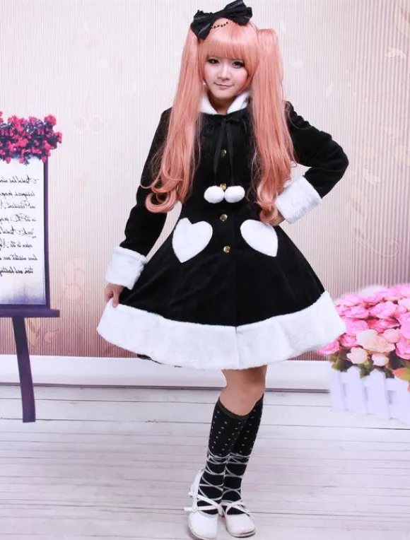 Manateau Lolita Douce noir en Laine avec Manches longues Déguisements Halloween