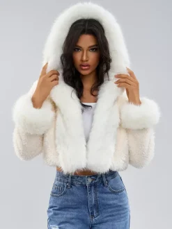 Manteau à capuche en fausse fourrure en blanc Veste courte d'hiver écologique pour femme 2026
