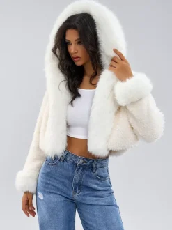Manteau à capuche en fausse fourrure en blanc Veste courte d'hiver écologique pour femme 2026