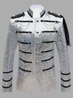 Manteau Argent Vintage Top Vintage Paillettes Chaînes Manches Longues Polyester Pardessus Rétro Costumes Pour Homme Bourgogne