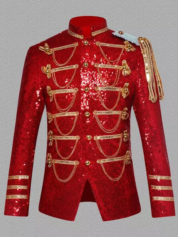 Manteau Argent Vintage Top Vintage Paillettes Chaînes Manches Longues Polyester Pardessus Rétro Costumes Pour Homme Bourgogne