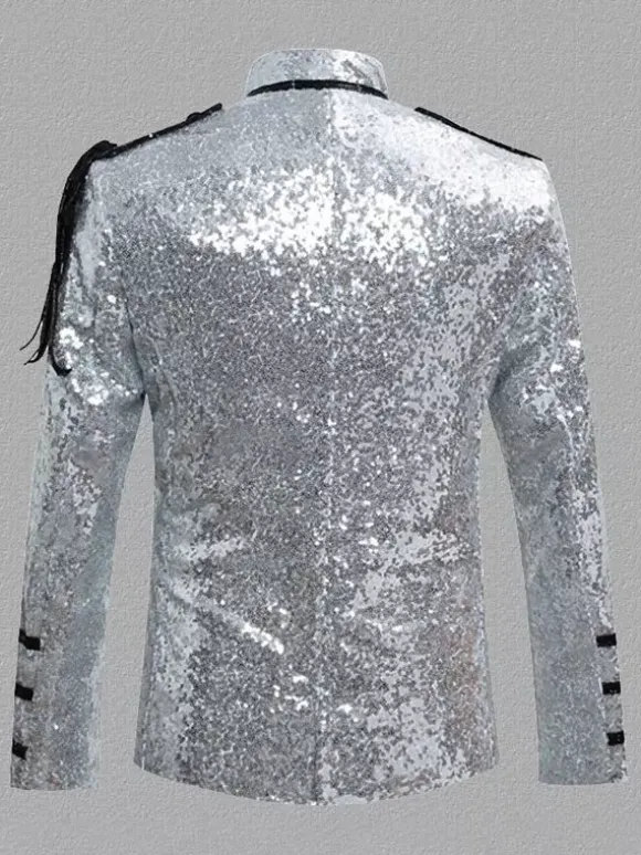 Manteau Argent Vintage Top Vintage Paillettes Chaînes Manches Longues Polyester Pardessus Rétro Costumes Pour Homme Bourgogne