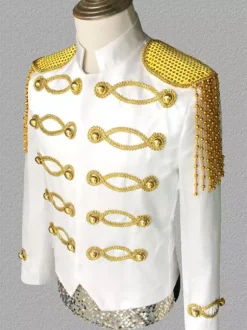 Manteau Blanc Vintage Top Vintage Polyester Paillettes Chaînes Manches Longues Rétro Costumes Pour Homme