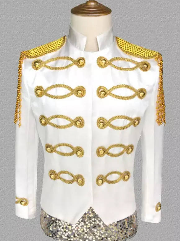 Manteau Blanc Vintage Top Vintage Polyester Paillettes Chaînes Manches Longues Rétro Costumes Pour Homme
