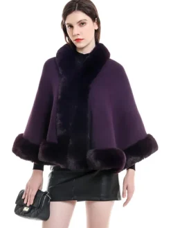 Manteau Cape Court Femme en Fausse Fourrure Synthétique avec Manches Longues Manteau Femme Cape Femme