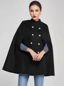 Manteau cape en laine pour femme col montant bleu marine foncé poncho d'hiver à double boutonnage vêtements d'extérieur 2026