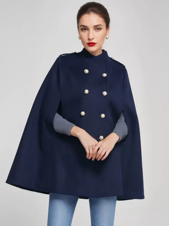 Manteau cape en laine pour femme col montant bleu marine foncé poncho d'hiver à double boutonnage vêtements d'extérieur 2026