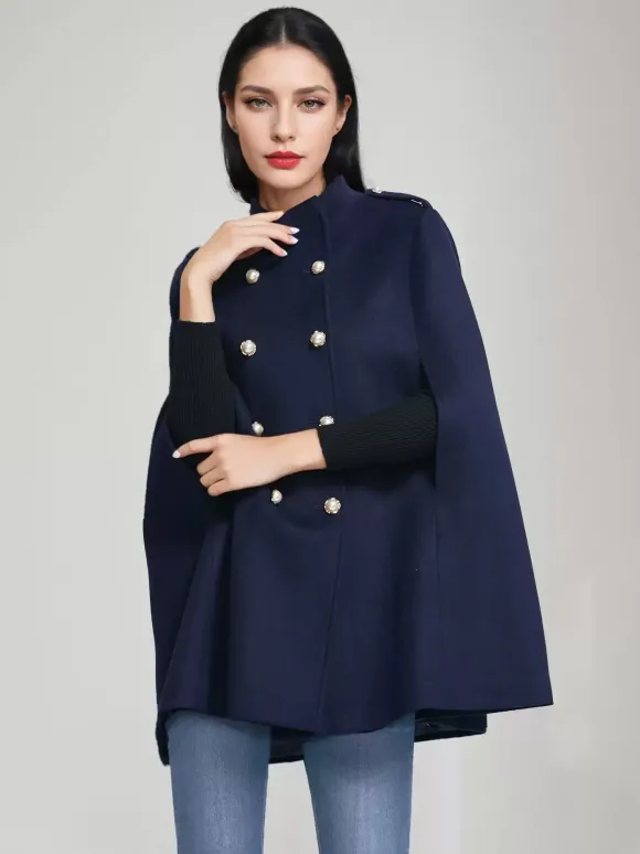 Manteau cape en laine pour femme col montant bleu marine foncé poncho d'hiver à double boutonnage vêtements d'extérieur 2026