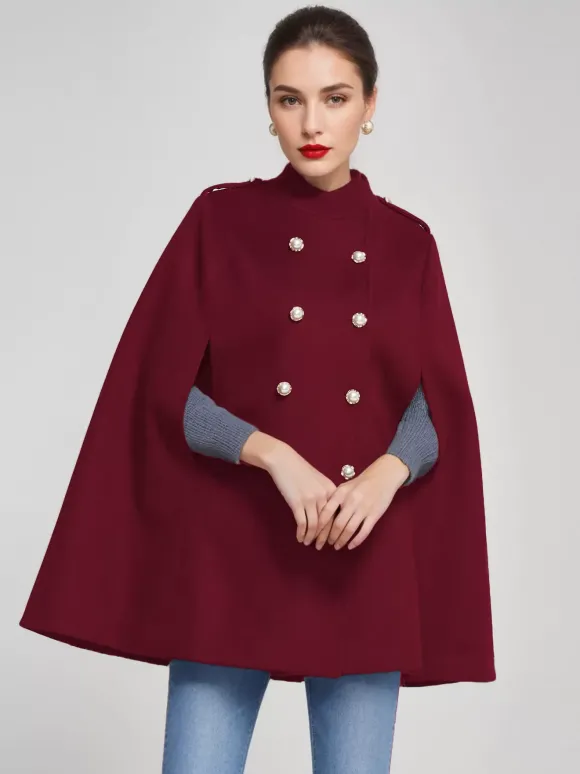 Manteau cape en laine pour femme col montant bleu marine foncé poncho d'hiver à double boutonnage vêtements d'extérieur 2026