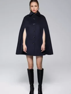 Manteau cape en mélange de laine à col rabattu poncho noir surdimensionné pour femme 2026