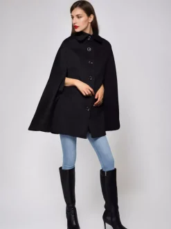 Manteau cape en mélange de laine à col rabattu poncho noir surdimensionné pour femme 2026