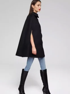 Manteau cape en mélange de laine à col rabattu poncho noir surdimensionné pour femme 2026